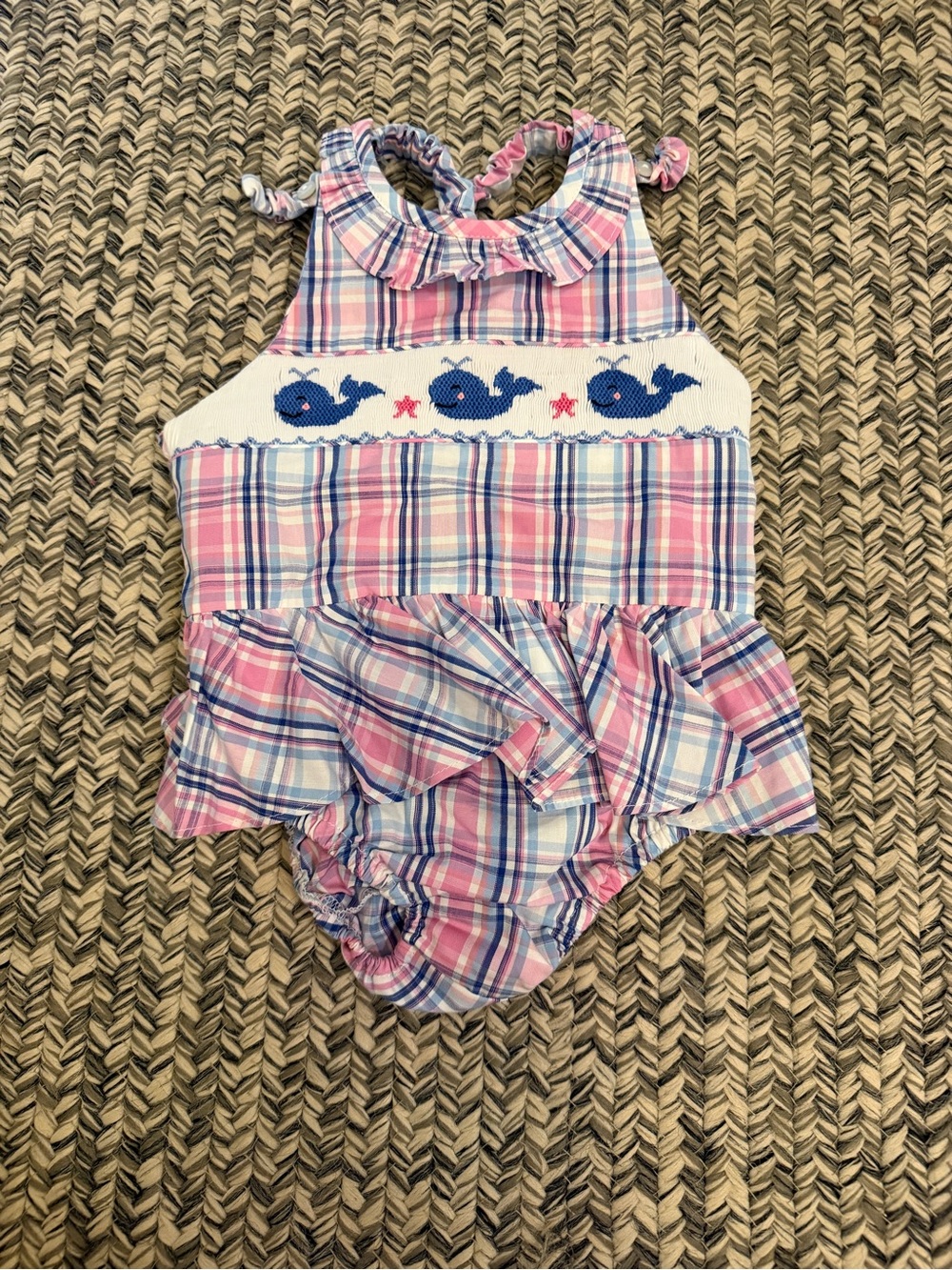 Pink & Blue Plaid bubble with Whale Smocking